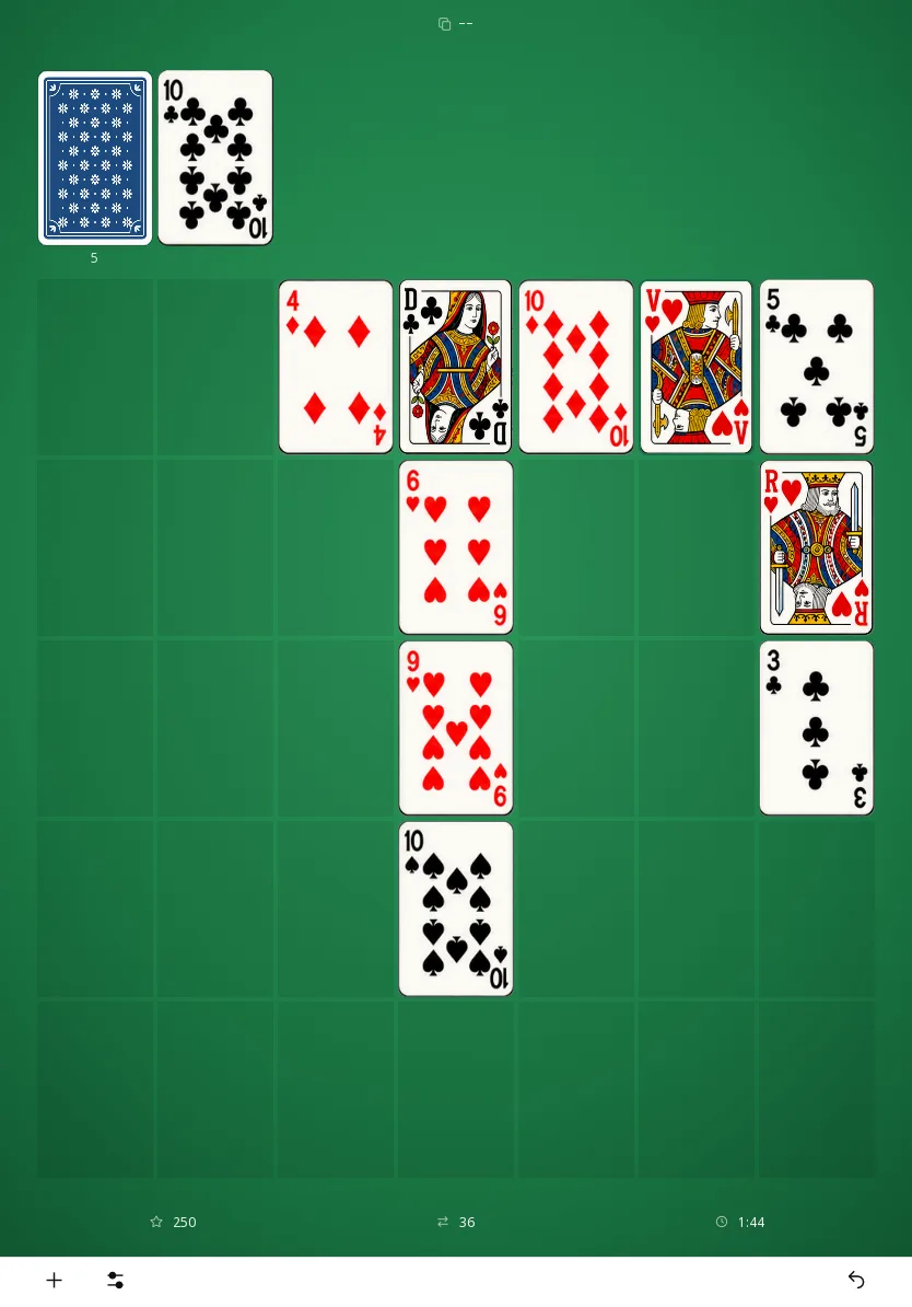 Golf Solitaire sur tablette : la même partie (25 cartes retirées, 250 points), en plus grand.