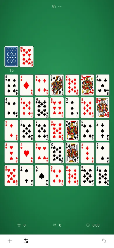 Golf Solitaire sur téléphone tenu à la verticale, début de partie sur le tapis vert : 7 colonnes de 5 cartes, toutes visibles ; la pioche et la défausse (10♥) ; le chrono, le score et le nombre de coups à zéro.