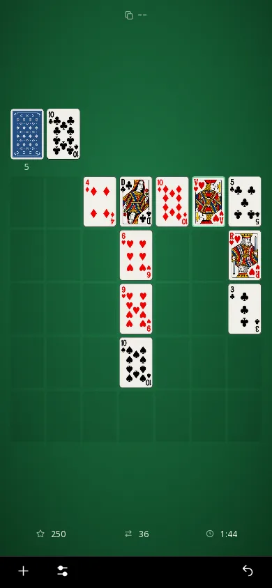 La même partie en thème sombre : 25 cartes retirées, 250 points, défausse 10♣.