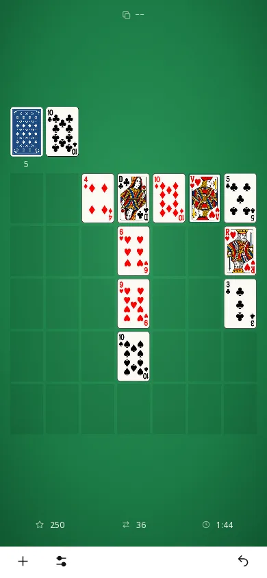 Golf Solitaire sur téléphone, partie avancée : 25 cartes retirées, 250 points, 36 coups, chrono 1:44 ; défausse 10♣, 5 cartes dans la pioche.